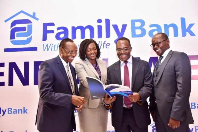 Family Bank Chairman Dr. Wilfred Kiboro, CEO Rebecca Mbithi, PwC Auditor Richard Njoroge and Family Bank CFO Stephen Ngugi during the Bank’s 15th AGM where shareholders approved a KES 1.1 billion d (1) divided