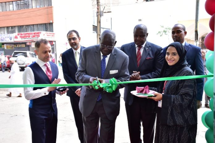 L-R) DIB Group CEO Dr Adnan Chilwan, DIB Kenya Board Director Dr Steve Mainda, DIB Kenya CEO Peter Makau & DIB Banda Street Branch Manager Adan Mohamed during official opening of DIB Banda Street