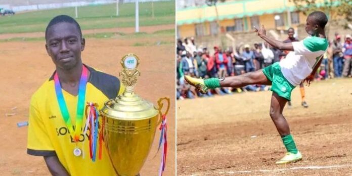 a_collage_of_footballer_aldrine_kibet_holding_a_trophy_and_on_the_pitch_