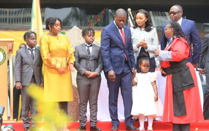 Governor Johnson Sakaja with his wife Beatrice Karanja Sakaja and their kids during his swearing in on August 2022
