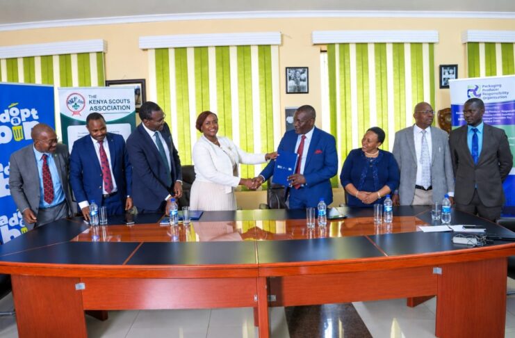 PAKPRO CEO Joyce Gachugi-Waweru shakes hands with Kenya Scouts Association Chief Commissioner Hon. Victor Radido during the launch of the Tuwezeshe Schools Program in Nairobi. The event was witnessed by KSA National Executive Commissioner Mr. Moses Danda and members of the KSA Board. The partnership seeks to strengthen environmental education, waste segregation and recycling in schools across Kenya.