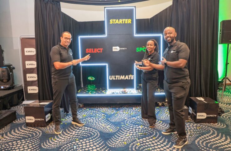 ( L-R ) Multichoice Kenya CEO Nzola Miranda, Multichoice Kenya, Head of Marketing Christine Warui and Multichoice Head of Public Relations Elisha Kamau pose for a photo during the official unveiling of the DSTV Expect + at Radisson Blu Nairobi .The launch announced the new packages which aim to provide more values to customers